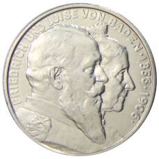 Монета 2 марки 1906 года  Германия (Баден) — 50 лет свадьбе Фридриха I и Луизы Прусской (аверс)