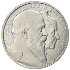 Монета 2 марки 1906 года  Германия (Баден) — 50 лет свадьбе Фридриха I и Луизы Прусской (аверс)