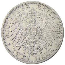 Монета 2 марки 1906 года  Германия (Баден) — 50 лет свадьбе Фридриха I и Луизы Прусской (реверс)