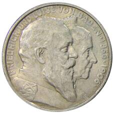 Монета 2 марки 1906 года  Германия (Баден) — 50 лет свадьбе Фридриха I и Луизы Прусской (аверс)