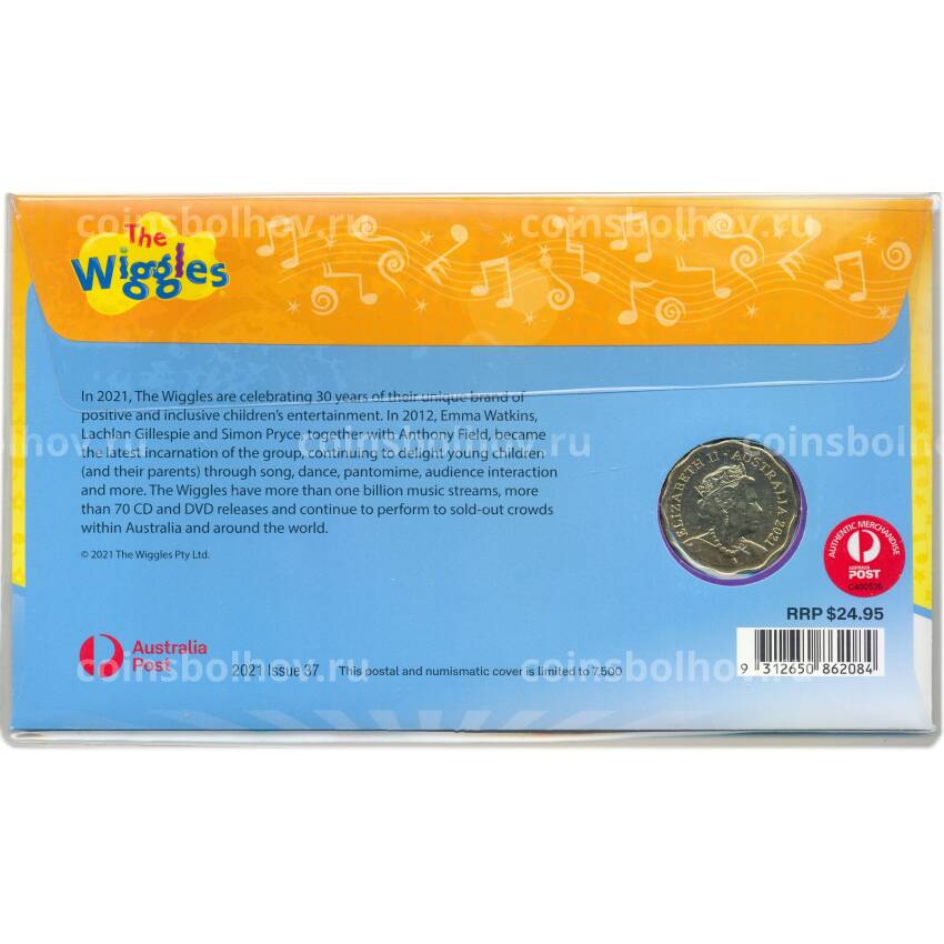 Монета 30 центов 2021 года Австралия — 30 лет музыкальной группе Wiggles (танцуют, в буклете) (вид 4)