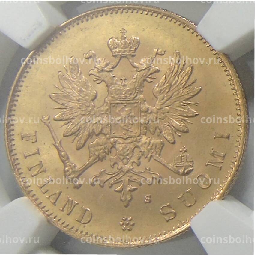 Монета 10 марок 1882 года Русская Финляндия (в слабе NGC MS 64) (вид 2)