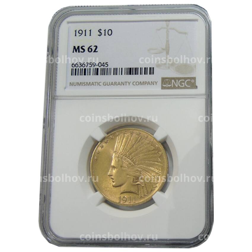 Монета 10 долларов 1911 года США «Орел» (в слабе NGC MS 62) (вид 3)
