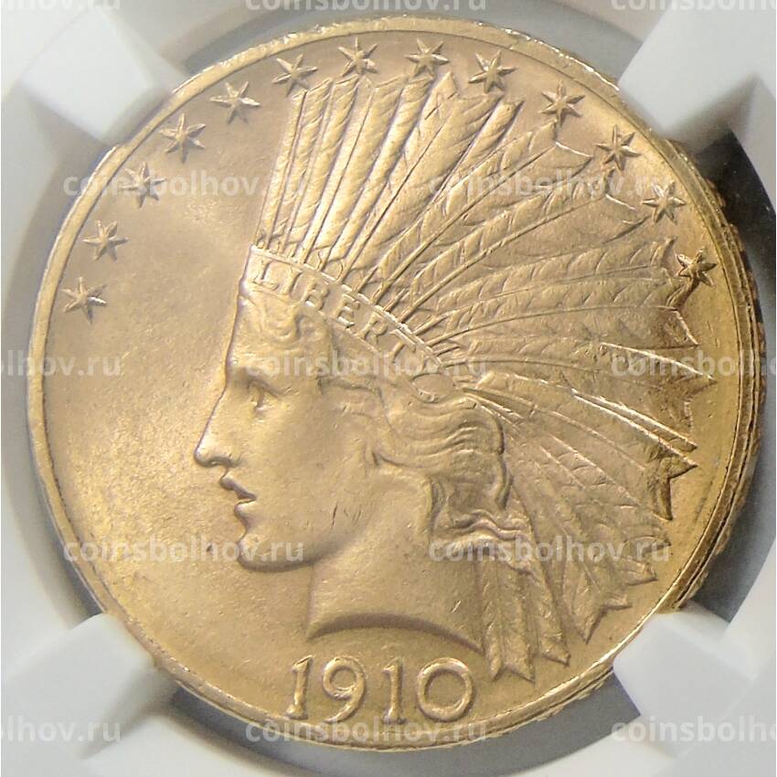 Монета 10 долларов 1910 года D США «Орел» (В слабе NGC MS 63)