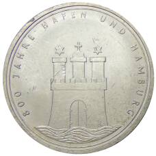 Монета 10 марок 1989 года J Германия — 800 лет Гамбургскому порту (аверс)