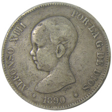 Монета 5 песет 1890 года Испания (аверс)