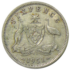 Монета 6 пенсов 1951 года Австралия (аверс)