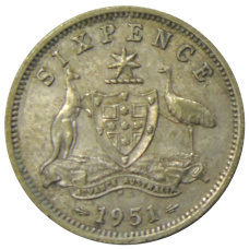 Монета 6 пенсов 1951 года Австралия (аверс)