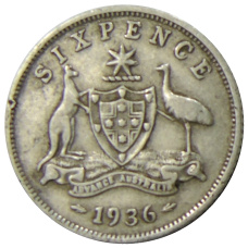 Монета 6 пенсов 1936 года Австралия (аверс)