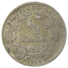 Монета 1/2 марки 1916 года F Германия (аверс)