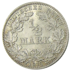 Монета 1/2 марки 1916 года D Германия (аверс)