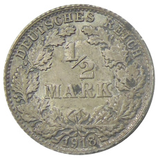 Монета 1/2 марки 1918 года F Германия (аверс)