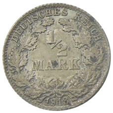 Монета 1/2 марки 1918 года F Германия (аверс)