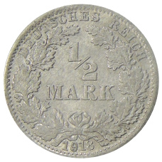 Монета 1/2 марки 1918 года J Германия (аверс)