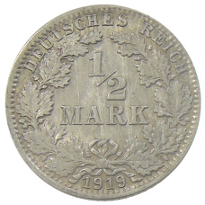 Монета 1/2 марки 1919 года J Германия (аверс)