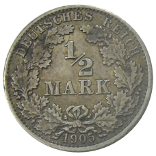 Монета 1/2 марки 1905 года G Германия (аверс)