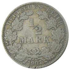 Монета 1/2 марки 1907 года J Германия (аверс)