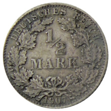 Монета 1/2 марки 1907 года D Германия (аверс)