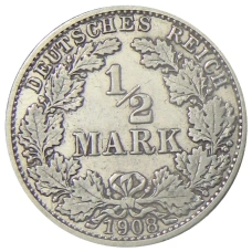 Монета 1/2 марки 1908 года G Германия (аверс)