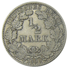 Монета 1/2 марки 1909 года D Германия (аверс)