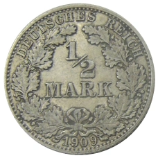 Монета 1/2 марки 1909 года D Германия (аверс)