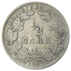 Монета 1/2 марки 1909 года J Германия (аверс)