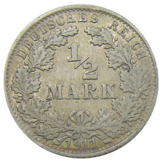 Монета 1/2 марки 1911 года A Германия (аверс)