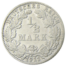 Монета 1/2 марки 1911 года F Германия (аверс)