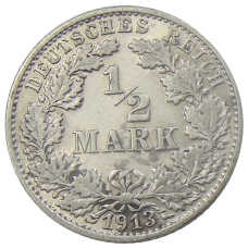 Монета 1/2 марки 1913 года F Германия (аверс)