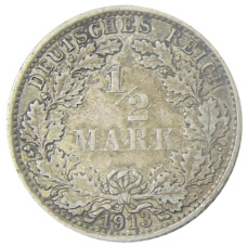 Монета 1/2 марки 1913 года A Германия (аверс)