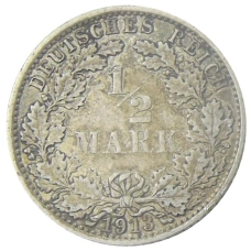 Монета 1/2 марки 1913 года A Германия (аверс)