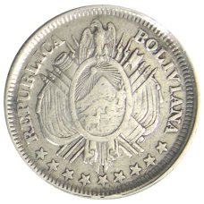 Монета 20 сентаво 1886 года Боливия (реверс)