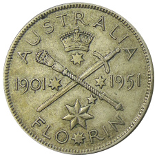 Монета 1 флорин (2 шиллинга) 1951 года Австралия — 50 лет Федерации (аверс)