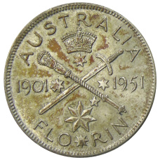 Монета 1 флорин (2 шиллинга) 1951 года Австралия — 50 лет Федерации (аверс)