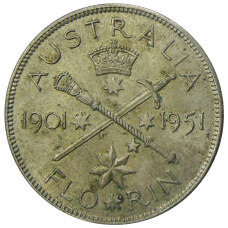 Монета 1 флорин (2 шиллинга) 1951 года Австралия — 50 лет Федерации (аверс)