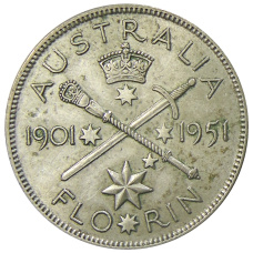 Монета 1 флорин (2 шиллинга) 1951 года Австралия — 50 лет Федерации (аверс)