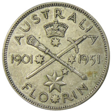 Монета 1 флорин (2 шиллинга) 1951 года Австралия — 50 лет Федерации (аверс)