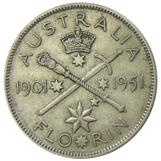 Монета 1 флорин (2 шиллинга) 1951 года Австралия — 50 лет Федерации (аверс)