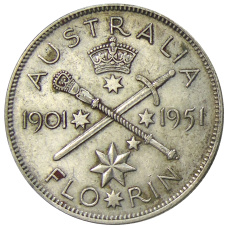 Монета 1 флорин (2 шиллинга) 1951 года Австралия — 50 лет Федерации (аверс)