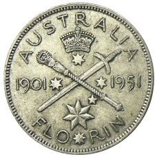 Монета 1 флорин (2 шиллинга) 1951 года Австралия — 50 лет Федерации (аверс)
