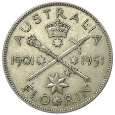 Монета 1 флорин (2 шиллинга) 1951 года Австралия — 50 лет Федерации (аверс)