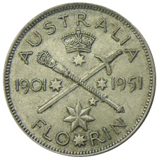 Монета 1 флорин (2 шиллинга) 1951 года Австралия — 50 лет Федерации (аверс)