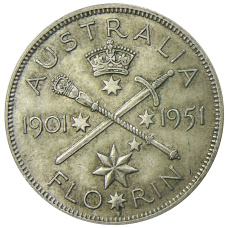 Монета 1 флорин (2 шиллинга) 1951 года Австралия — 50 лет Федерации (аверс)