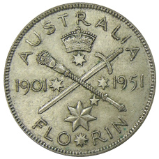 Монета 1 флорин (2 шиллинга) 1951 года Австралия — 50 лет Федерации (аверс)