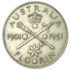 Монета 1 флорин (2 шиллинга) 1951 года Австралия — 50 лет Федерации (аверс)