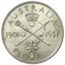 Монета 1 флорин (2 шиллинга) 1951 года Австралия — 50 лет Федерации (аверс)