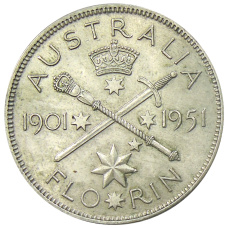 Монета 1 флорин (2 шиллинга) 1951 года Австралия — 50 лет Федерации (аверс)