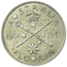 Монета 1 флорин (2 шиллинга) 1951 года Австралия — 50 лет Федерации (аверс)