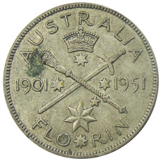 Монета 1 флорин (2 шиллинга) 1951 года Австралия — 50 лет Федерации (аверс)