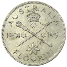 Монета 1 флорин (2 шиллинга) 1951 года Австралия — 50 лет Федерации (аверс)
